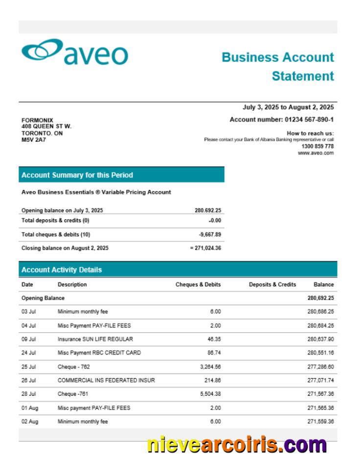 Aveo business firm account statement Word snd PDF format